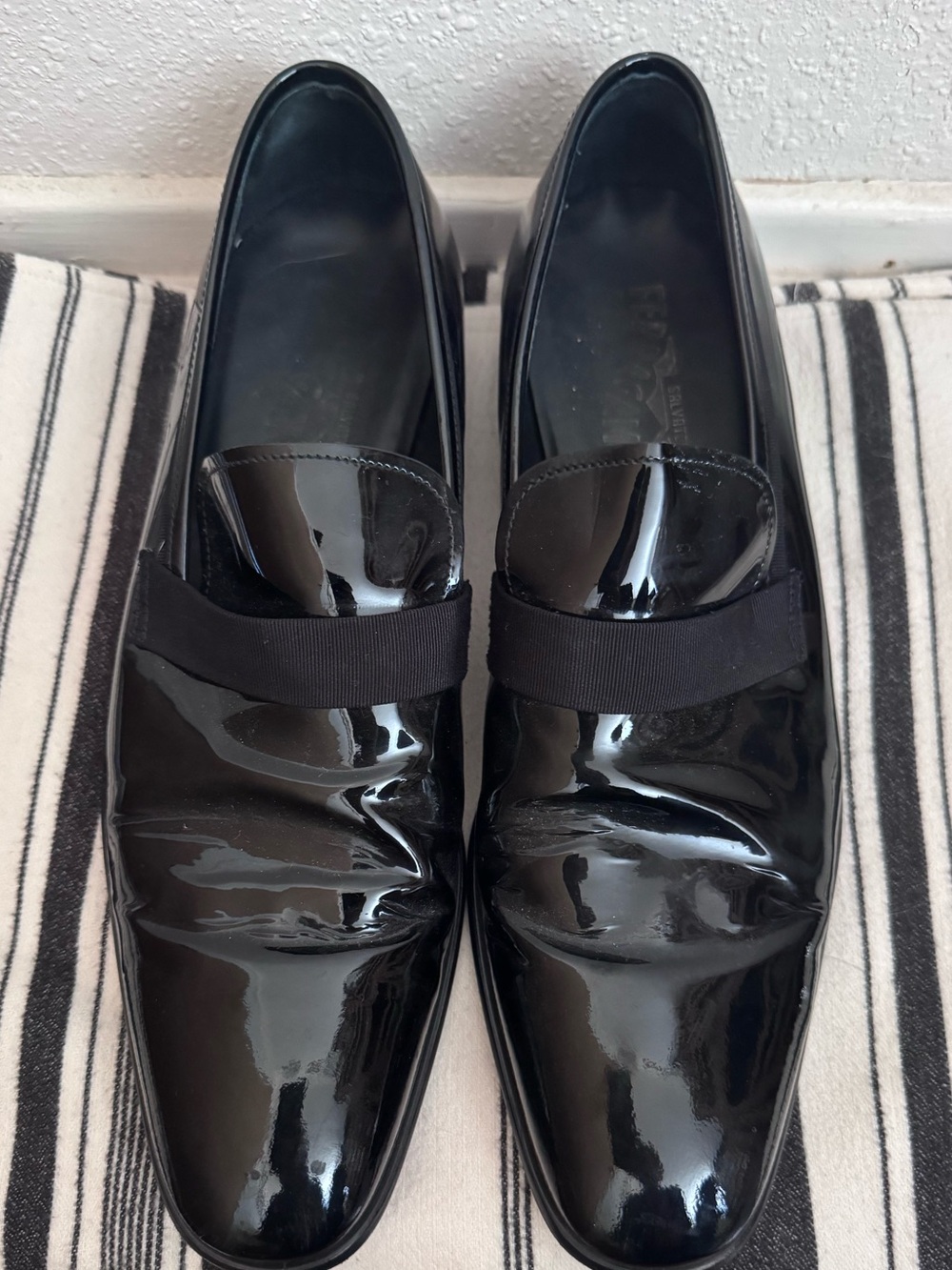 Salvatore Ferragamo Black Patent Leather Evening Loafers 10 D